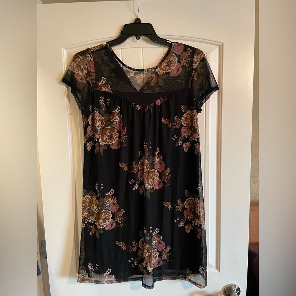 Black Dress with Floral Mesh Overlay